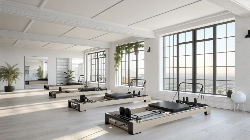 A modern, high-end fitness studio with Pilates equipment and natural light, professional and energetic atmosphere.